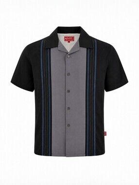 Woody’s Retro Lounge Bowling Shirt Mens L Black Gray Panel Rockabilly Retro Camp